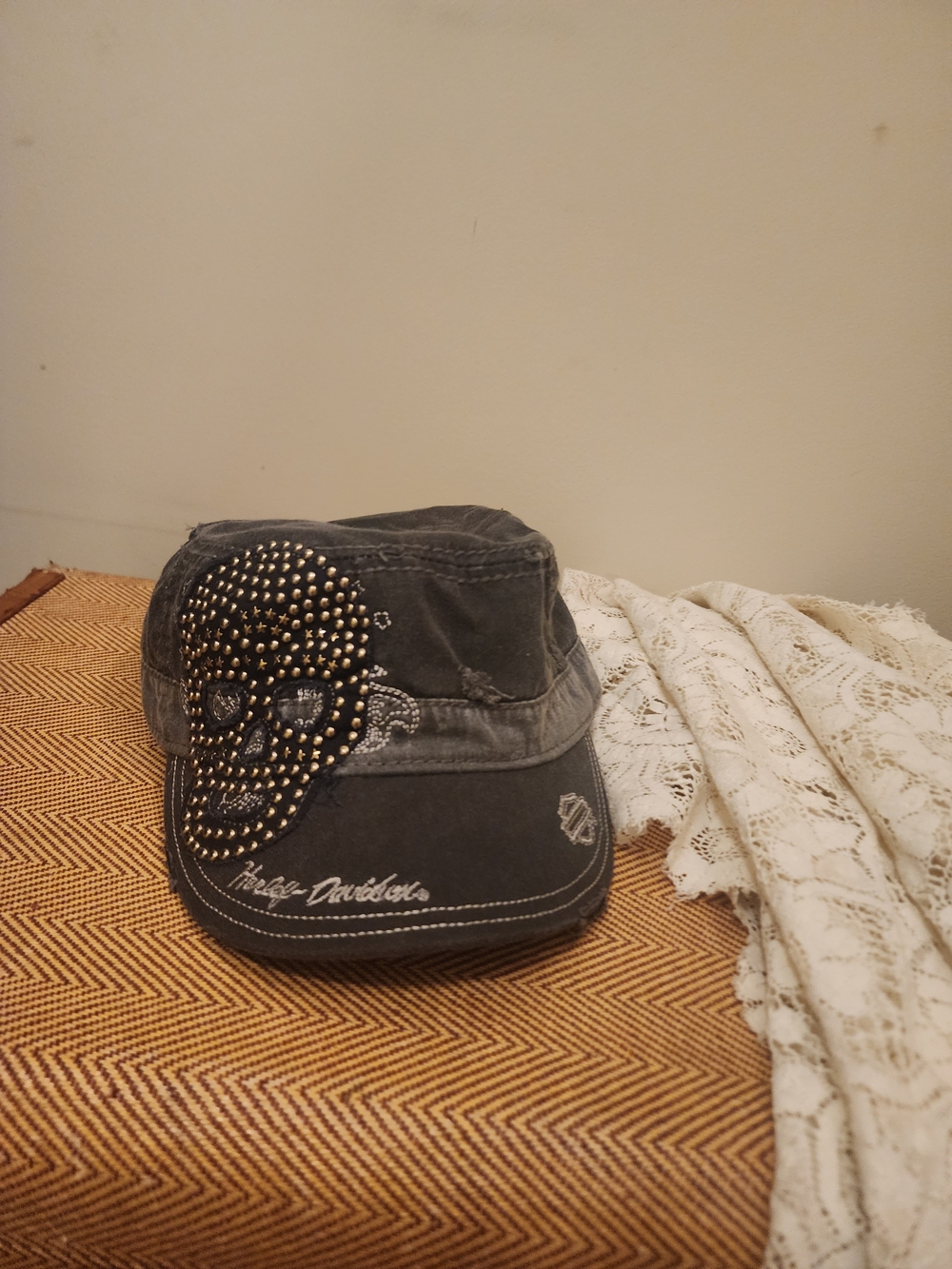 Harley-Davidson Men's Black Studded Skull Military Cap